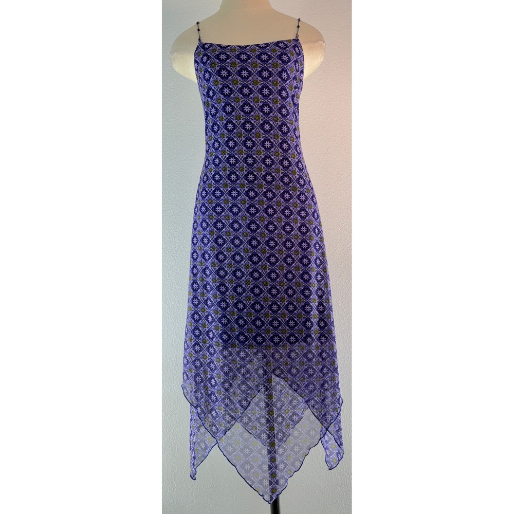 VTG 90s Y2K Just Choon Purple Boho Asymmetric Midi Dress Geometric Mesh Fairy S
